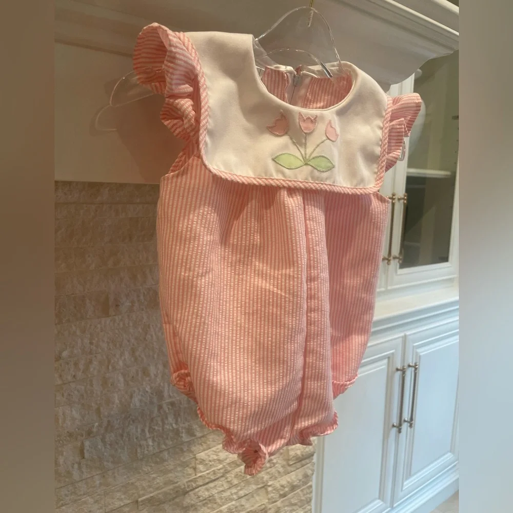 Pink Seersucker Baby Girl Bubble Romper with Tulip Embroidery